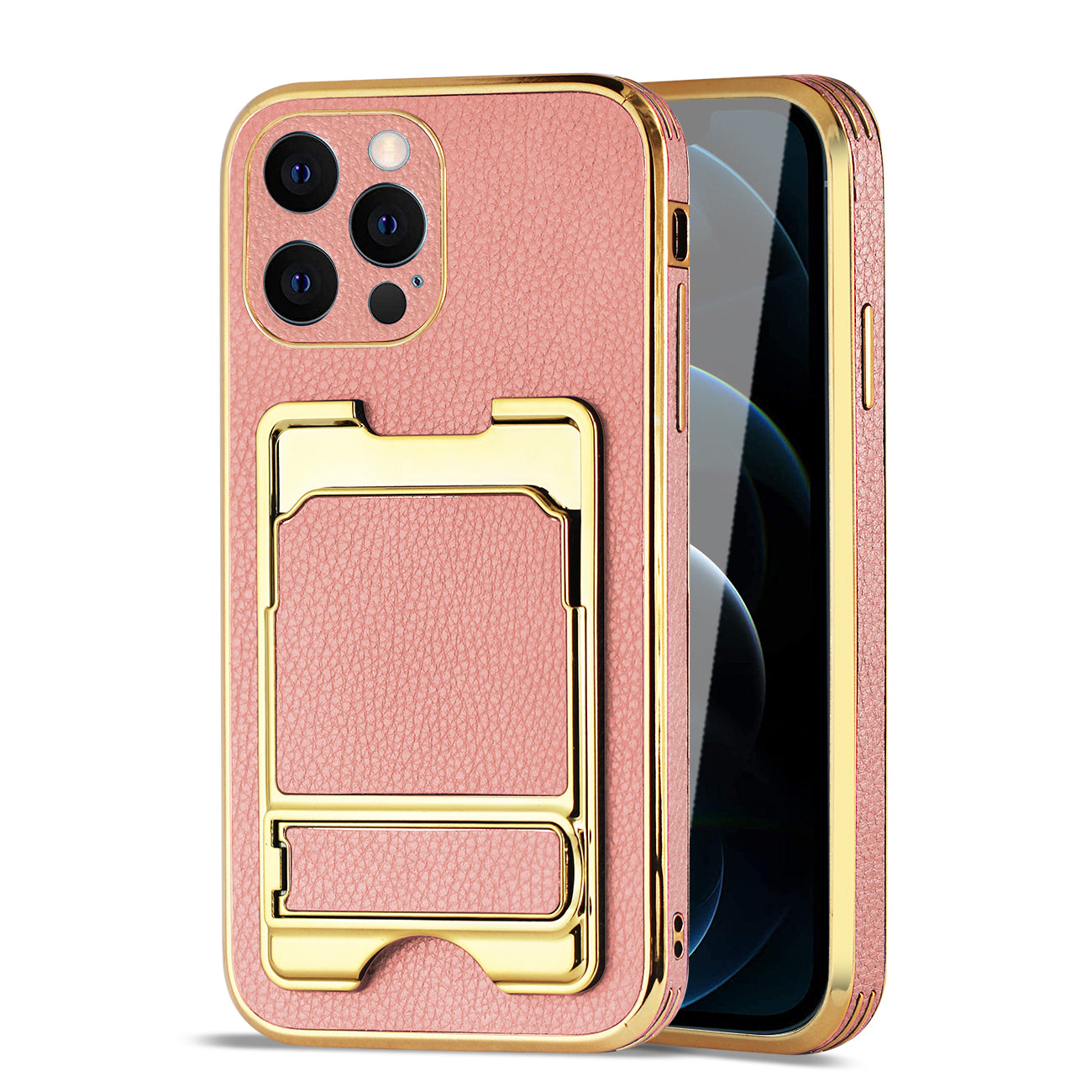 Reiko IPHONE 12 Max Leather Case with Card Holder In Pink